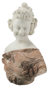 WHITE & POLYCHROME MARBLE BUST OF A LADY, 25"