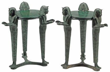 (2) EGYPTIANESQUE MARBLEIZED WOOD & METAL FIGURAL SIDE TABLES
