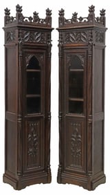 (2) FRENCH GOTHIC REVIVAL CARVED OAK BOOKCASES, 77"H
