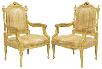 (2) FINE FRENCH LOUIS XVI STYLE SILK-UPHOLSTERED GILTWOOD ARMCHAIRS