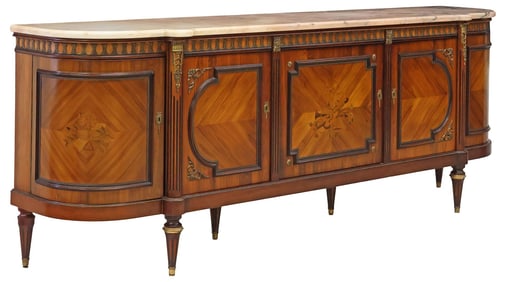 FRENCH LOUIS XVI STYLE MARBLE-TOP MARQUETRY SIDEBOARD, 105"L