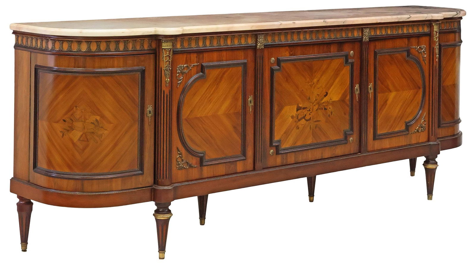 FRENCH LOUIS XVI STYLE MARBLE-TOP MARQUETRY SIDEBOARD, 105"L (1 of 6)