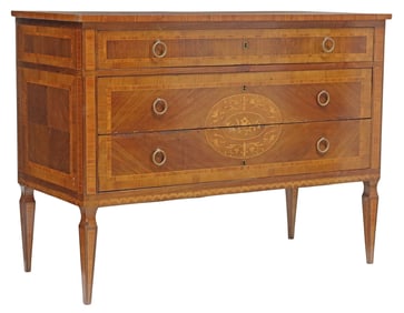 ITALIAN NEOCLASSICAL MARQUETRY INLAID COMMODE