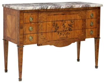 FRENCH LOUIS XVI STYLE MARBLE-TOP MARQUETRY COMMODE