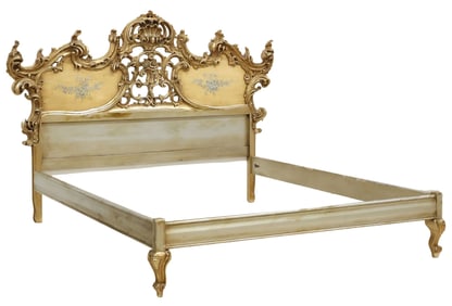 ITALIAN BAROQUE STYLE SILVER GILT & PAINT-DECORATED BED