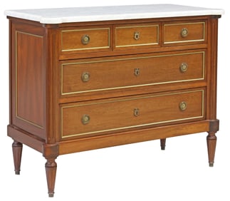 FRENCH LOUIS XVI STYLE MARBLE-TOP MAHOGANY 3-DRAWER COMMODE