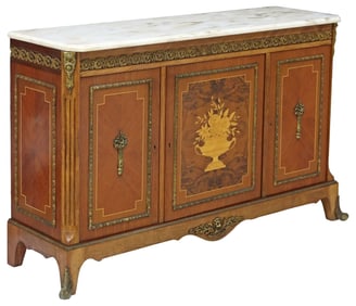 PETITE FRENCH TRANSITIONAL STYLE MARBLE-TOP MARQUETRY CABINET