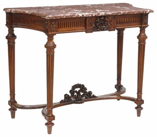 LOUIS XVI STYLE MARBLE-TOP CARVED WALNUT CONSOLE TABLE