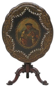 VICTORIAN PAINTED & SHELL-INLAID PAPIER MACHE TILT-TOP TEA TABLE