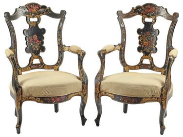 (2) VICTORIAN PARCEL-GILT PAINTED & UPHOLSTERED ARMCHAIRS