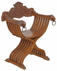 ITALIAN RENAISSANCE REVIVAL CARVED SAVONAROLA CURULE CHAIR