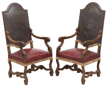 (2) FRENCH LOUIS XIV STYLE EMBOSSED LEATHER WALNUT ARMCHAIRS