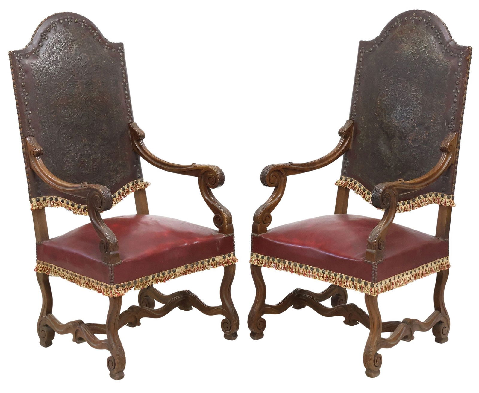 (2) FRENCH LOUIS XIV STYLE EMBOSSED LEATHER WALNUT ARMCHAIRS (1 of 4)