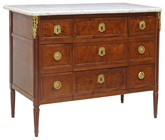 FRENCH LOUIS XVI STYLE MARBLE-TOP BURL WALNUT COMMODE