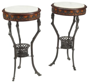 (2) NEOCLASSICAL STYLE MARBLE-TOP PATINATED BRONZE GUERIDONS