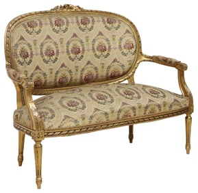 FRENCH LOUIS XVI STYLE SILK-UPHOLSTERED GILTWOOD SETTEE