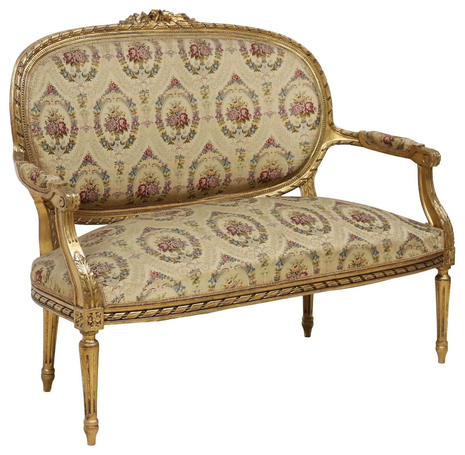 FRENCH LOUIS XVI STYLE SILK-UPHOLSTERED GILTWOOD SETTEE (1 of 3)