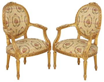 (2) FRENCH LOUIS XVI STYLE SILK-UPHOLSTERED GILTWOOD FAUTEUILS