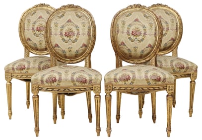 (4) FRENCH LOUIS XVI STYLE SILK-UPHOLSTERED GILTWOOD SIDE CHAIRS