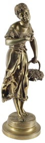BRONZE SCULPTURE WOMAN WITH BASKET OF FLOWERS