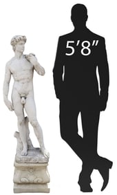 CAST STONE GARDEN FIGURE OF DAVID ON SHELL BASE, 59"H