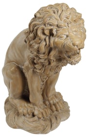 LARGE CAST COMPOSITE SCULPTURE OF A SEATED LION, 28"H
