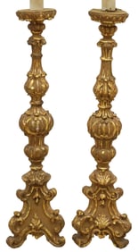 (2) ITALIAN BAROQUE STYLE PARCEL GILT CANDLE PRICKET 3-LT FLOOR LAMPS, 68"H