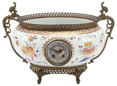 FRENCH BRONZE-MOUNTED PORCELAIN CENTERPIECE BOWL WITH CLOCK