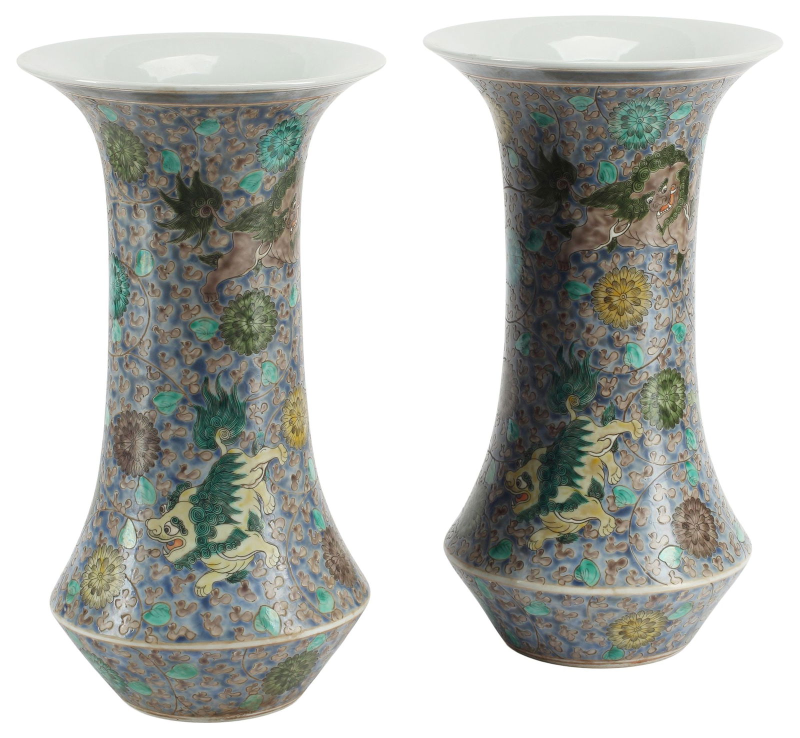 (2) CHINESE ENAMELED BLUE-GROUND PORCELAIN BEAKER VASES (1 of 6)