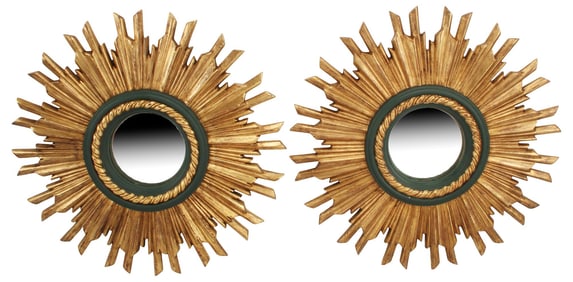 (2) PARCEL-GILT & PAINTED SUNBURST CONVEX MIRRORS, 36"DIAM