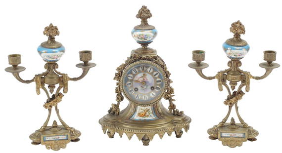 (3) FRENCH BRONZE & SEVRES STYLE PORCELAIN MANTEL CLOCK GARNITURE: (lot of 3) French gilt-bronze and Sevres style porcelain clock garniture, 19th c., including: (1) clock, the case surmounted by a turquoise-ground porcelain urn, porcelain dial painted with a cherub,