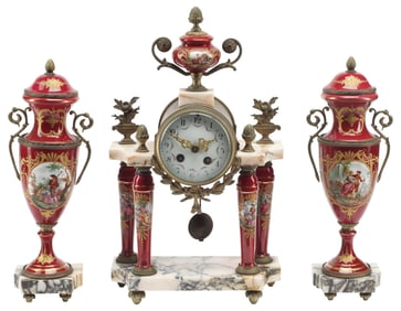 (3) LOUIS XVI STYLE PORCELAIN & MARBLE MANTEL CLOCK GARNITURE