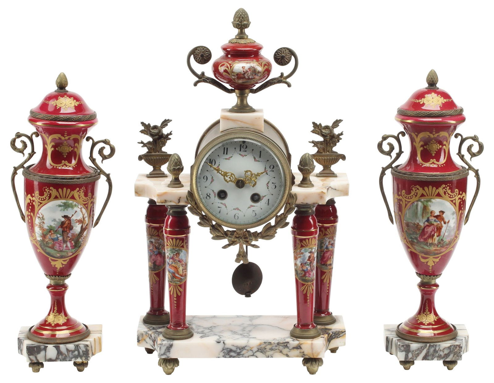 (3) LOUIS XVI STYLE PORCELAIN & MARBLE MANTEL CLOCK GARNITURE (1 of 5)