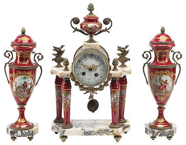 (3) LOUIS XVI STYLE PORCELAIN & MARBLE MANTEL CLOCK GARNITURE (1 of 5)