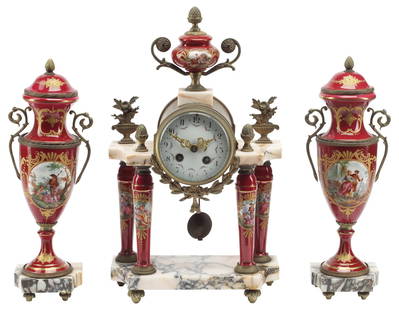(3) LOUIS XVI STYLE PORCELAIN & MARBLE MANTEL CLOCK GARNITURE: (lot of 3) Louis XVI style parcel gilt porcelain mantel garniture set, each with patinated metal mounts, reserves depicting figural courtship scenes, rising on marble platform and tapered feet, includ