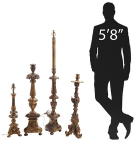 (4) ITALIAN BAROQUE STYLE GILTWOOD CANDLE PRICKETS, 2 ELECTRIFIED