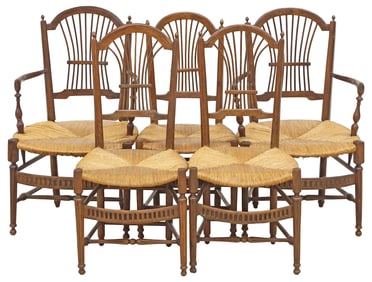 (5) FRENCH PROVINCIAL OAK RUSH-SEAT DINING CHAIRS