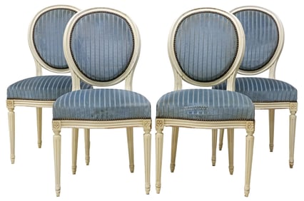 (4) FRENCH LOUIS XVI STYLE PAINTED & UPHOLSTERED DINING CHAIRS