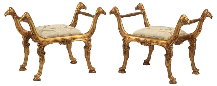 (2) ITALIAN STYLE GILT CAMEL MASK CURULE-FORM STOOLS