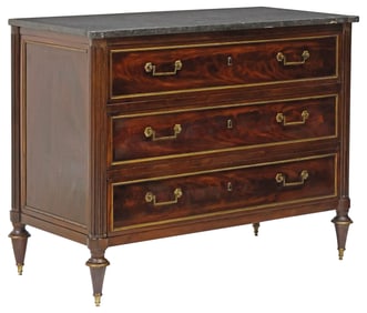 FRENCH LOUIS XVI STYLE MARBLE-TOP FLAME MAHOGANY COMMODE