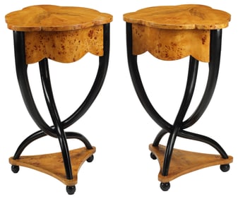 (2) BIEDERMEIER STYLE BURLWOOD SIDE TABLES