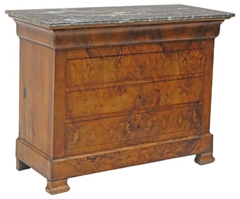 FRENCH LOUIS PHILIPPE PERIOD MARBLE-TOP BURL WALNUT COMMODE