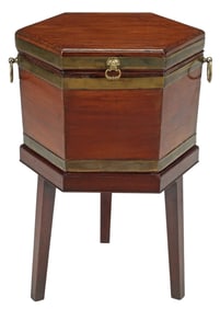 REGENCY STYLE BRASS-BANDED MAHOGANY HEXAGONAL CELLARETTE