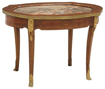 LOUIS XV STYLE MARBLE-TOP PARQUETRY & MARQUETRY SIDE TABLE: Louis XV style inlaid side table, 19th c., having inset marble top, metal-mounted trim with scrolling foliate marquetry, parquetry apron with central floral urn motif, figural gilt metal mounts, risin