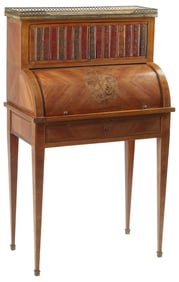 PETITE LOUIS XVI STYLE MARQUETRY & FAUX BOOKS BUREAU A CYLINDRE DESK
