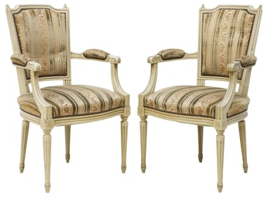 (2) FRENCH LOUIS XVI STYLE PAINTED & UPHOLSTERED FAUTEUILS
