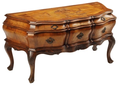 ITALIAN ROCOCO STYLE PATCHWORK BOMBE COMMODE / LOW DRESSER