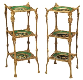 (2) ORMOLU & PORCELAIN-MOUNTED THREE-TIER ETAGERES