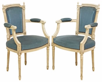 (2) FRENCH LOUIS XVI STYLE PAINTED & UPHOLSTERED FAUTEUILS