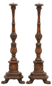 (2) LARGE BAROQUE STYLE CARVED WOOD STANDING CANDLE PRICKETS, 43"H